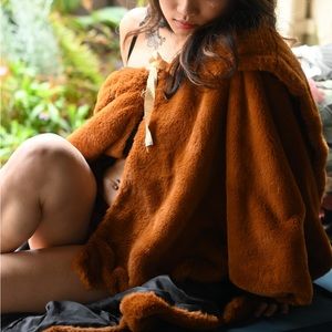 Cognac, Red Brown Cape Style Bear Faux Fur Front Tie Coat